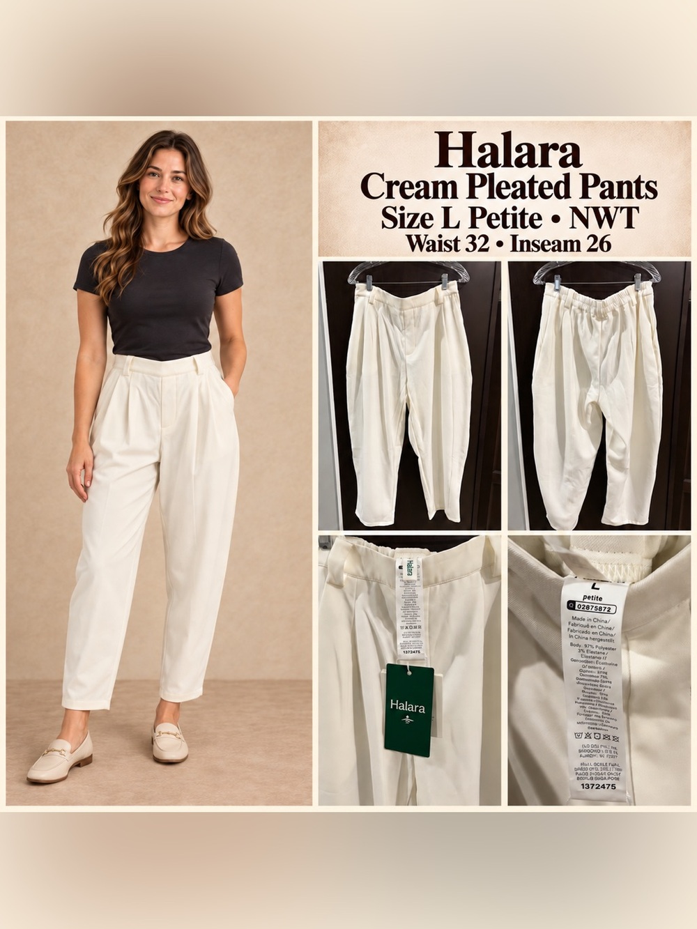 HALARA Cream Pleated Ankle Pants
